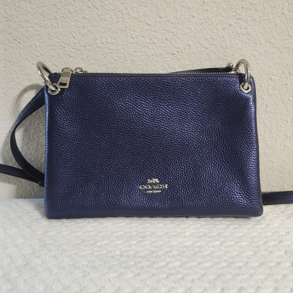 Coach Mia Crossbody bag metallic navy blue refined pebble leather dual zip